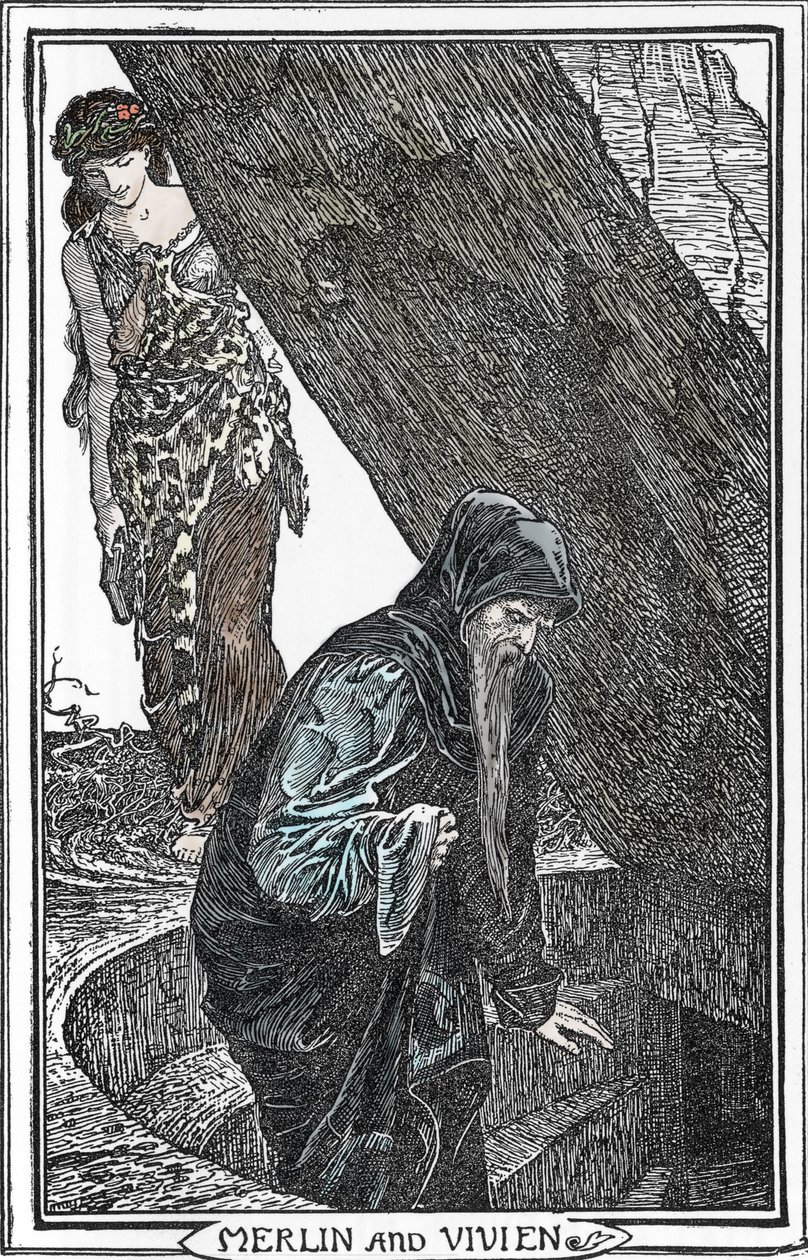Voorstelling van Merlijn de Tovenaar en Fee Viviane (Merlin en Vivien) Illustratie door Henry Justice (HJ) Ford (1860-1941) uit “Het boek der romantiek” 1902 Privécollectie door Henry Justice Ford