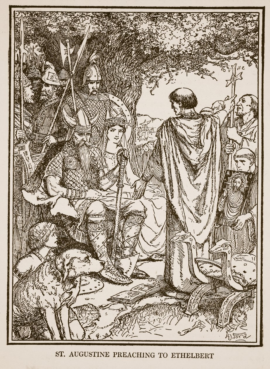 St. Augustinus predikend aan Ethelbert, illustratie uit 