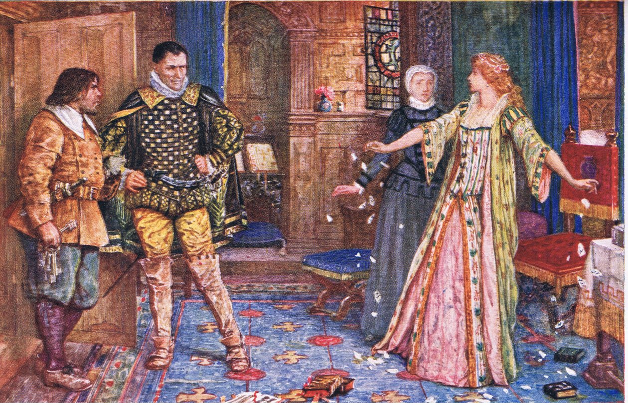 De gravin van Leicester scheurt de brief van haar man in het bijzijn van Varney en Foster, illustratie uit Kenilworth, ca. 1910 door Henry Justice Ford