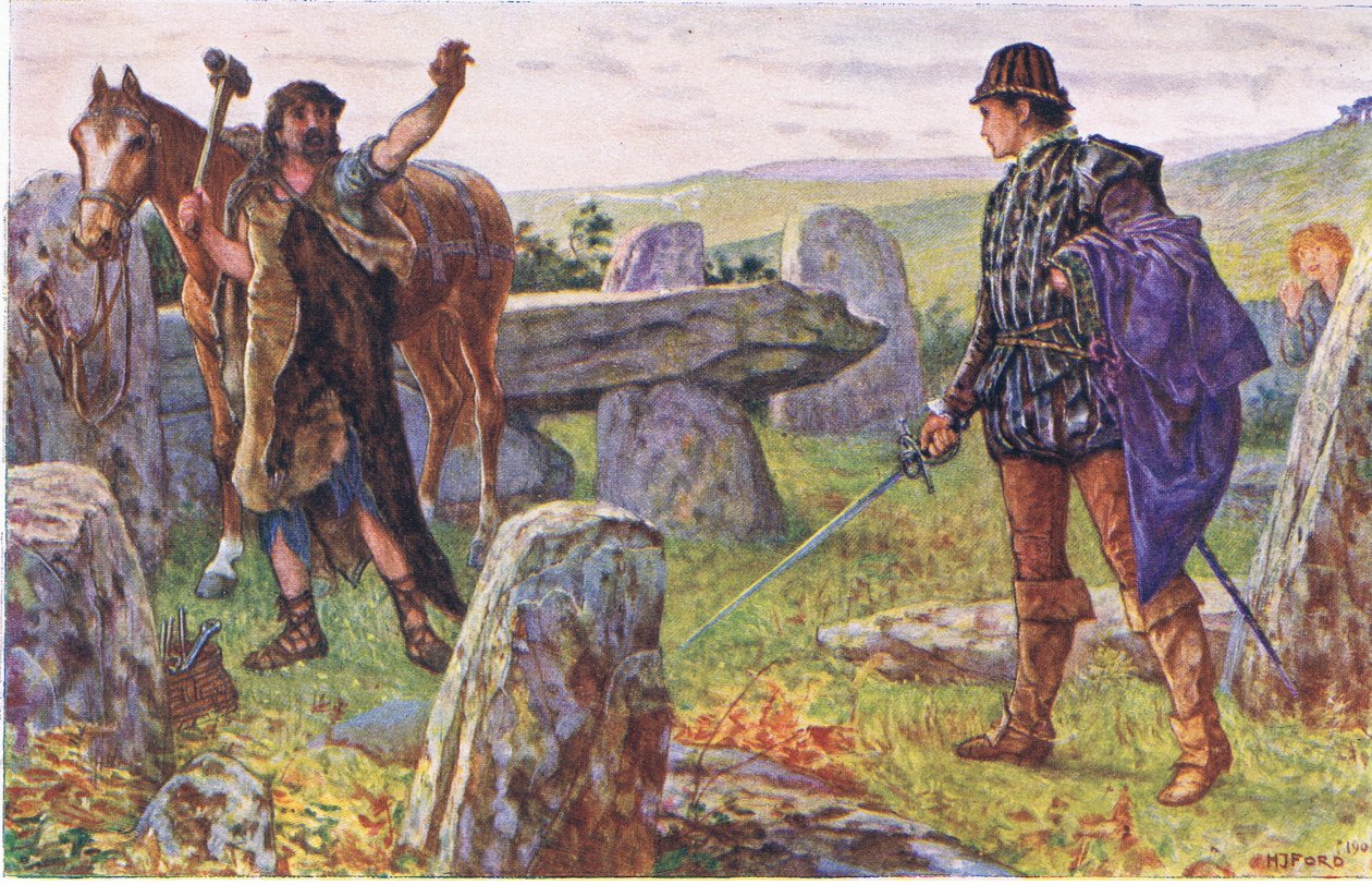 Tresilian confronteert de mysterieuze hoefsmid, illustratie uit Kenilworth, ca. 1910 door Henry Justice Ford
