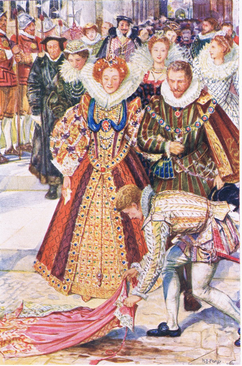 Walter Raleigh offert zijn mantel op voor koningin Elizabeth, illustratie uit Kenilworth, ca. 1910 door Henry Justice Ford