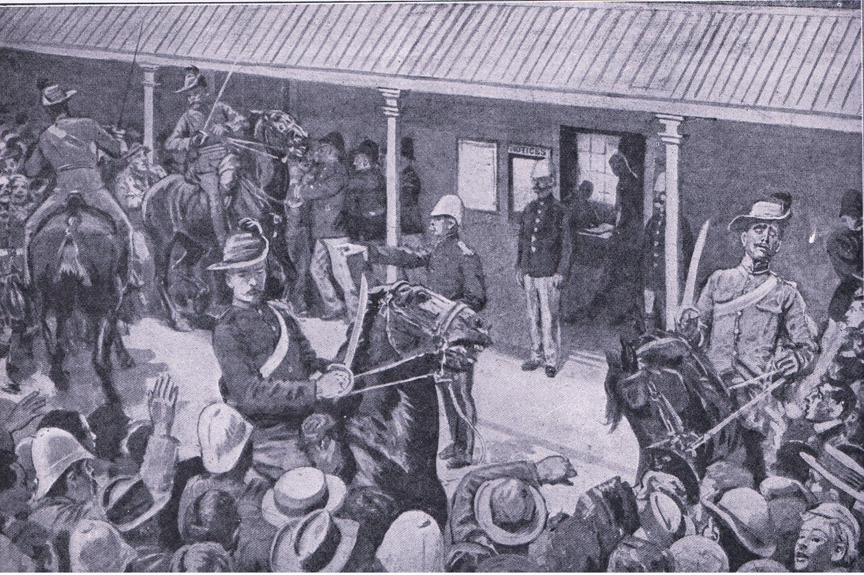 Koloniale versterkingen voor Zuid-Afrika: Een stormloop van aanmeldingen voor inschrijving in Sydney, uit After Pretoria: The Guerilla War gepubliceerd door Harmsworth Bros Limited, 1901 door Henry Marriott Paget