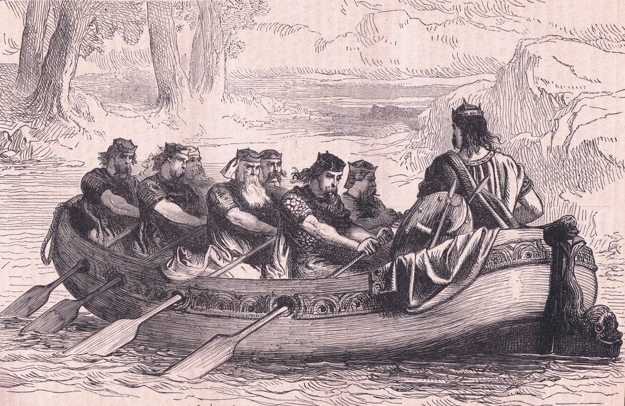 Edgar de Vredelievende wordt geroeid over de Dee door acht onderdanige prinsen AD 956 door Henry Marriott Paget