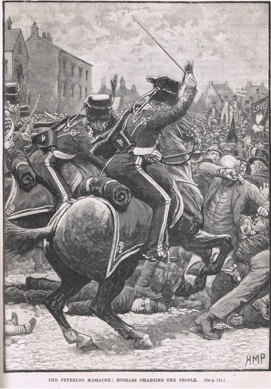 Het Peterloo Bloedbad met de Huzaren die de mensen aanvallen, illustratie uit Cassell
