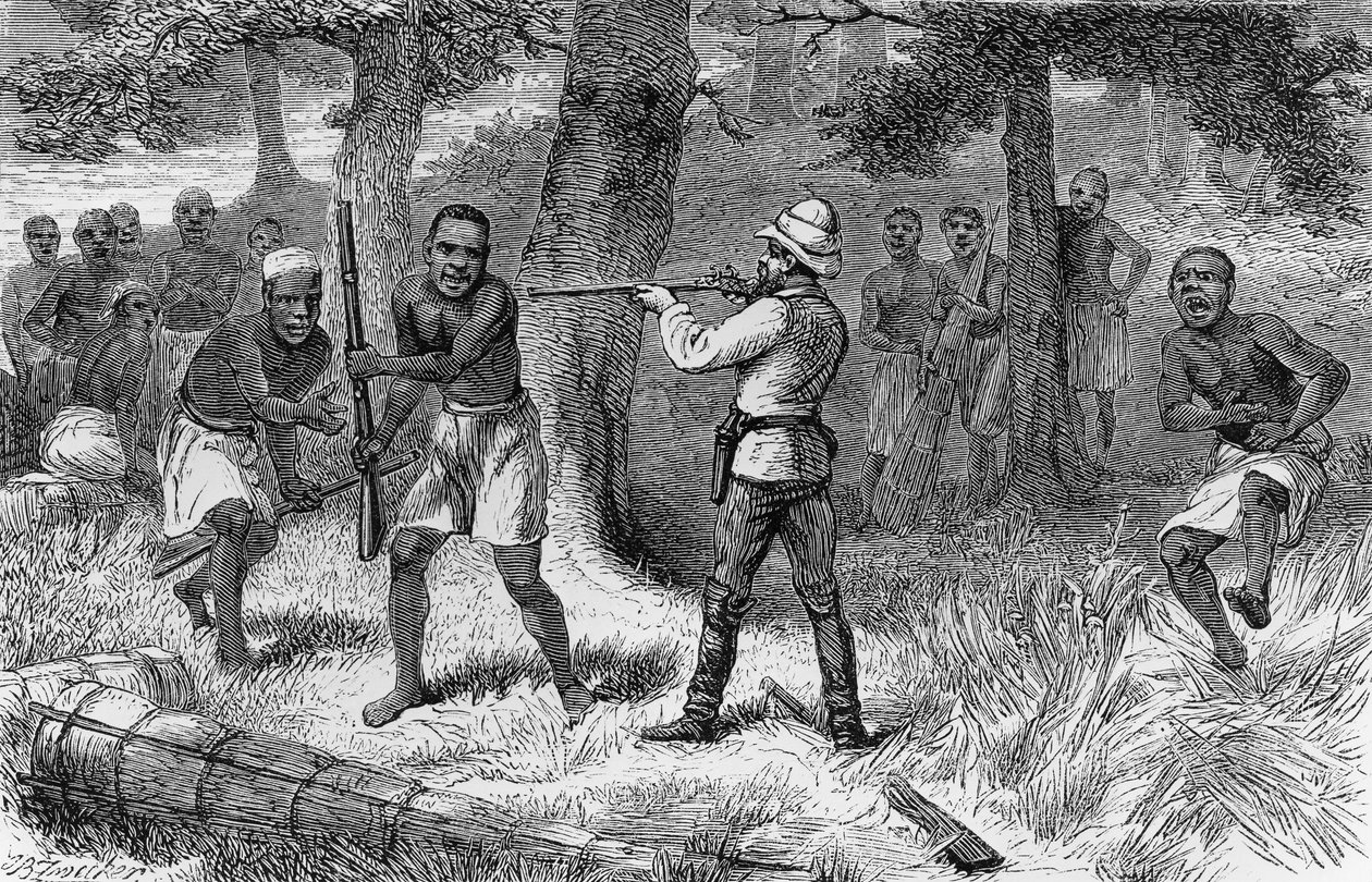 Opstand van inboorlingen langs de oevers van de Gombe rivier, Tanzania, gravure uit Hoe ik Livingstone vond: reizen, avonturen en ontdekkingen in Centraal-Afrika, door Henry Morton Stanley door Henry Morton Stanley