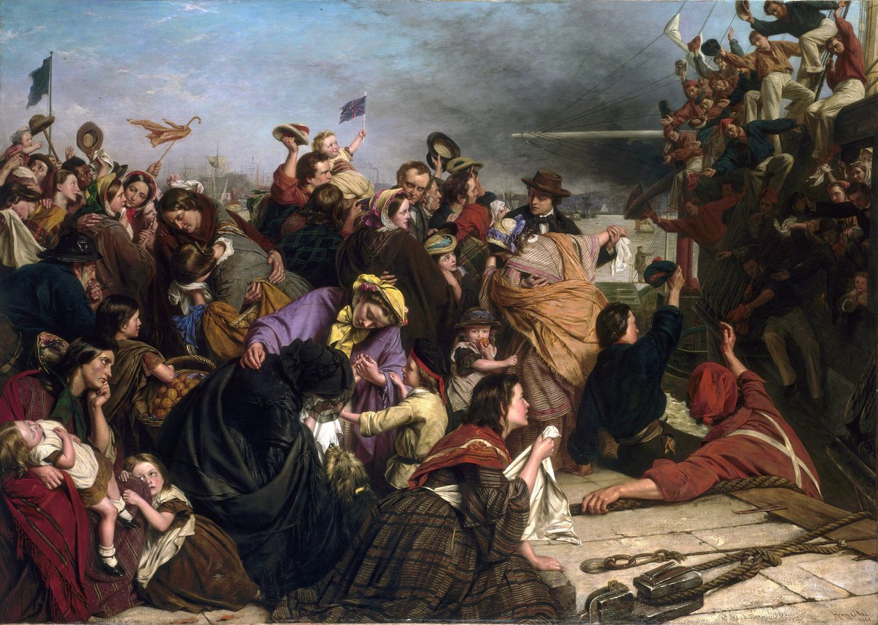 Afscheid van immigranten, op een dok aan de Theems (Engeland), beschrijving van groepen mensen van alle leeftijden en sociale klassen, evenals de matrozen in rode en blauwe hemden op de boot die naar de menigte zwaaien door Henry Nelson O