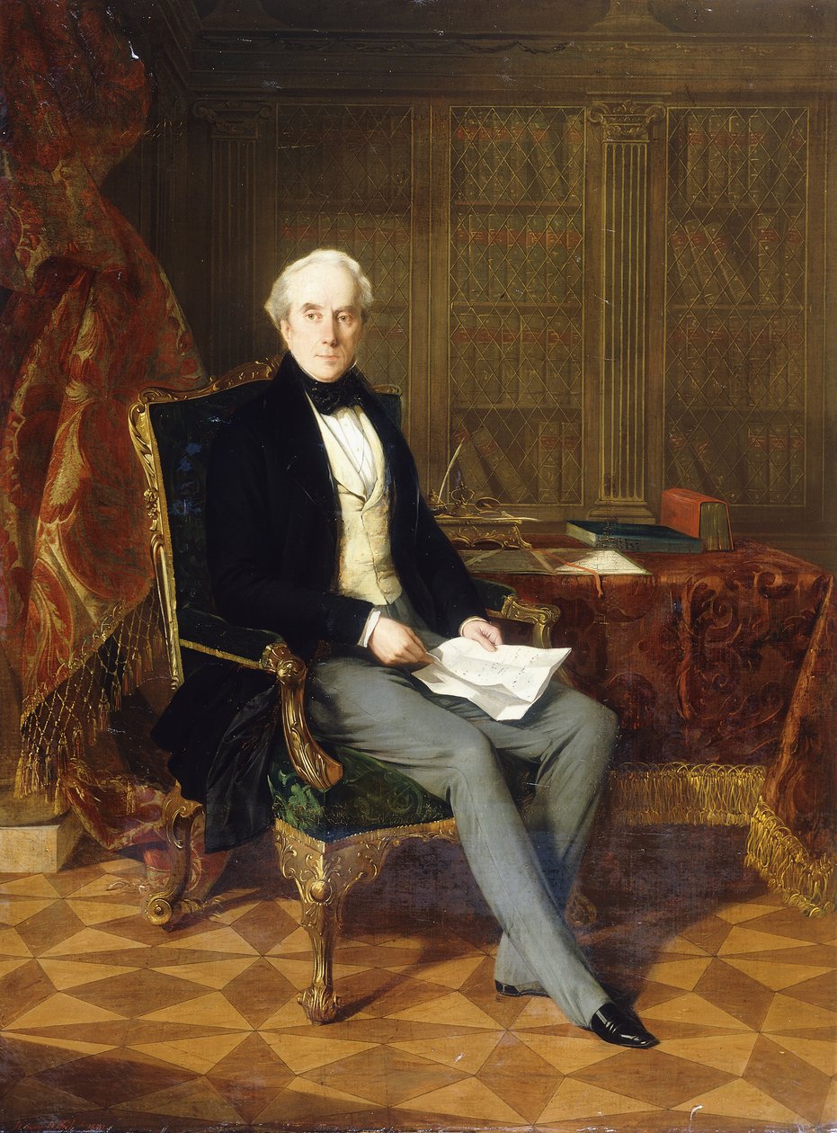 Portret van Henry Pelham-Clinton, K.G., 4e Hertog van Newcastle, met een document, in zijn studeerkamer, 1850 door Henry Nelson ONeil