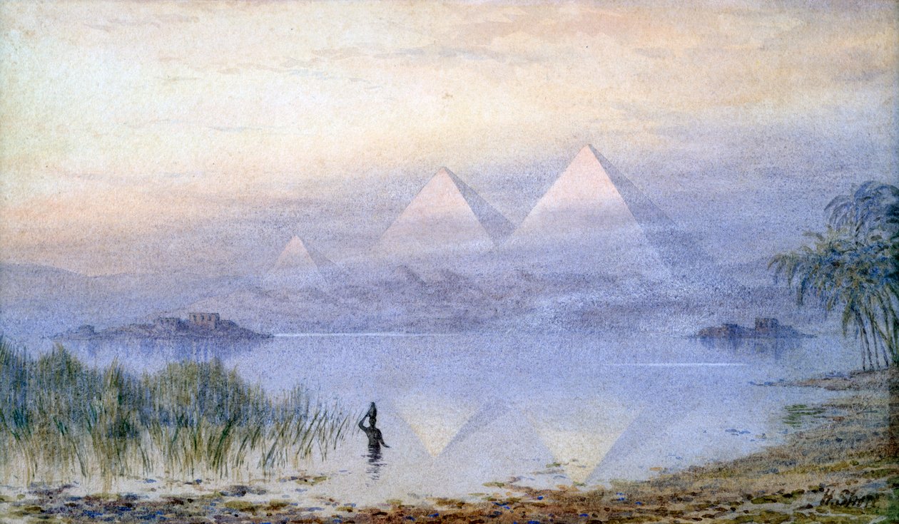 De piramides tijdens de Nijl-overstroming, Egypte, 1888 door Henry Noel Shore
