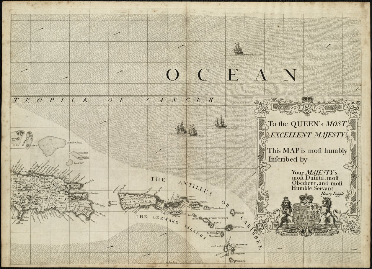 Een kaart van het Britse Rijk in Amerika met de Franse en Spaanse nederzettingen ernaast door Henry Popple