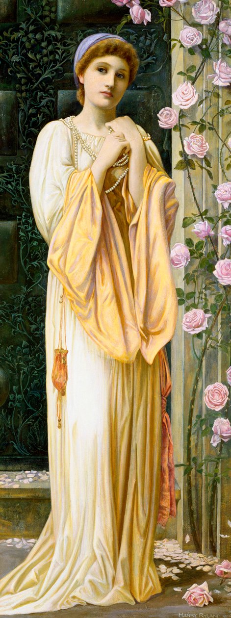 "A Fair Maid" Jonge vrouw gekleed in antieke stijl, met parelketting. Schilderij van Henry Ryland (1856-1924) (pre-raphaeliet) 1901 Privécollectie door Henry Ryland