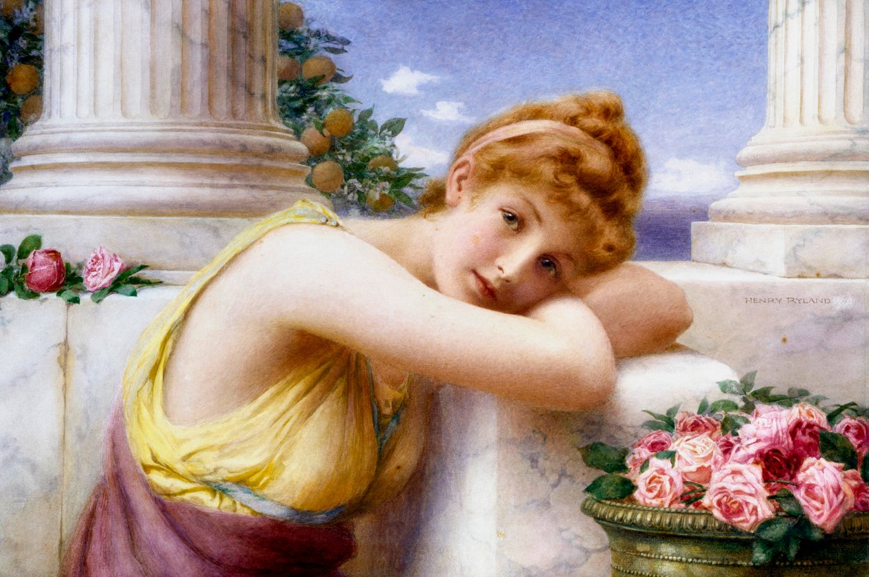 "Dagdromen" reves évees, jeune fille songeuse sur une terrasse en marbre a l