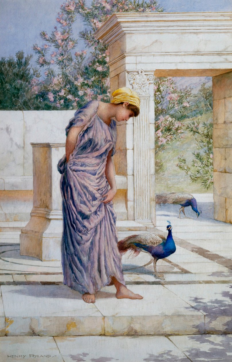 "Summer is here" Gedrapeerde jonge vrouw en een pauw op een antiek marmeren terras. Schilderij van Henry Ryland (1856-1924) (classicisme) door Henry Ryland