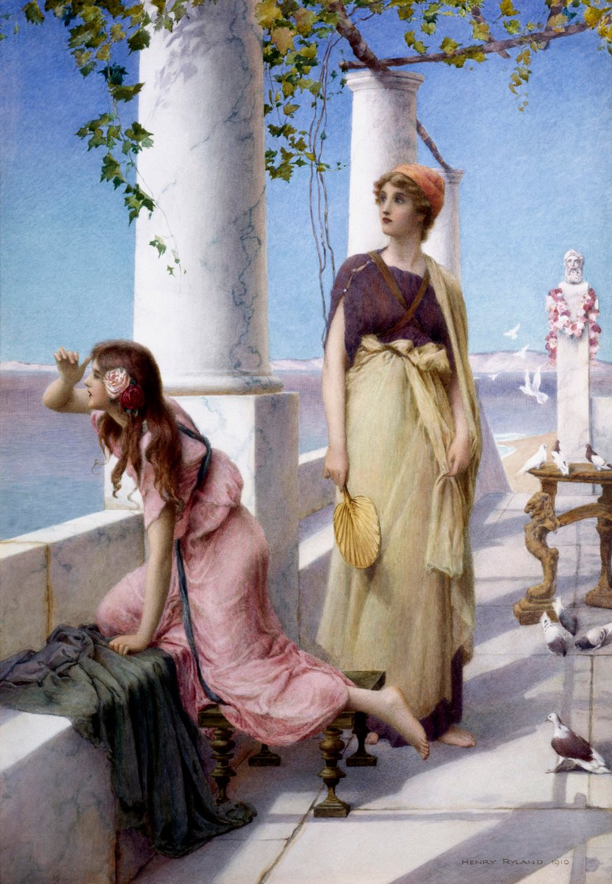"Jonge vrouwen die de horizon aftasten vanaf hun terras in antieke stijl. Schilderij van Henry Ryland (1856-1924) 1910 Privécollectie door Henry Ryland