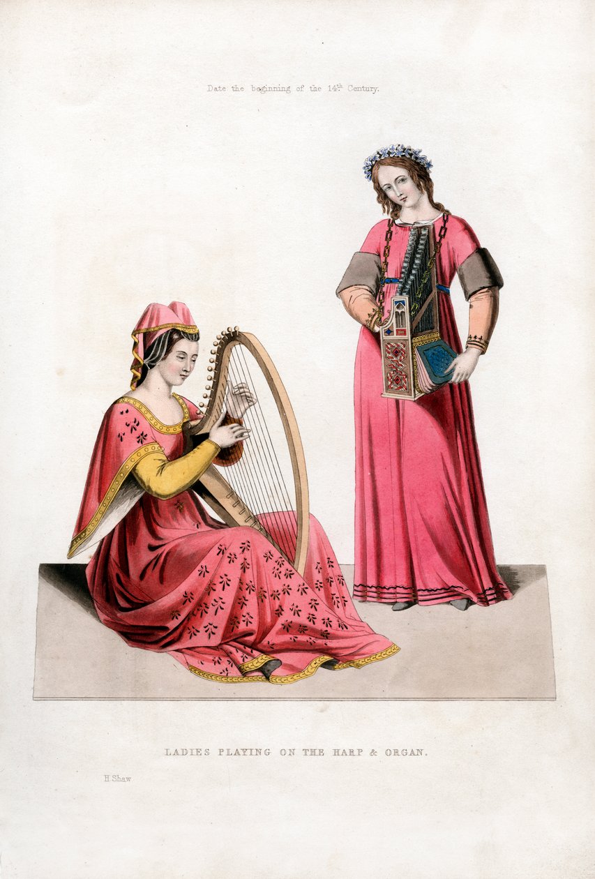 Dames die harp en orgel spelen, begin 14e eeuw, 1843 door Henry Shaw