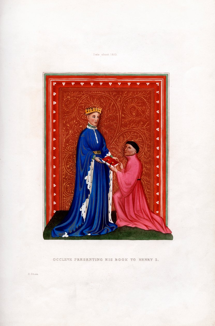 Occleve presenteert zijn boek aan Hendrik V, c1410, 1843 door Henry Shaw