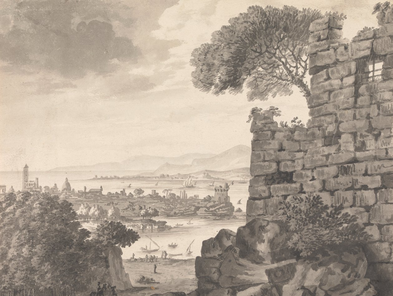 Landschap met ruïnes op de voorgrond, haven en dorp op de achtergrond door Henry Swinburne