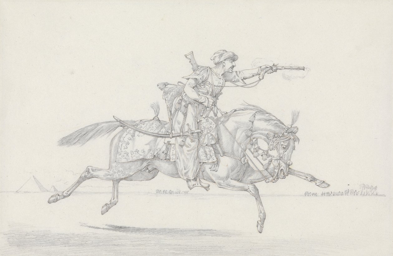 Een aanvallende Mameluke die een pistool afvuurt (grafiet en rood krijt op papier) door Henry Thomas Alken