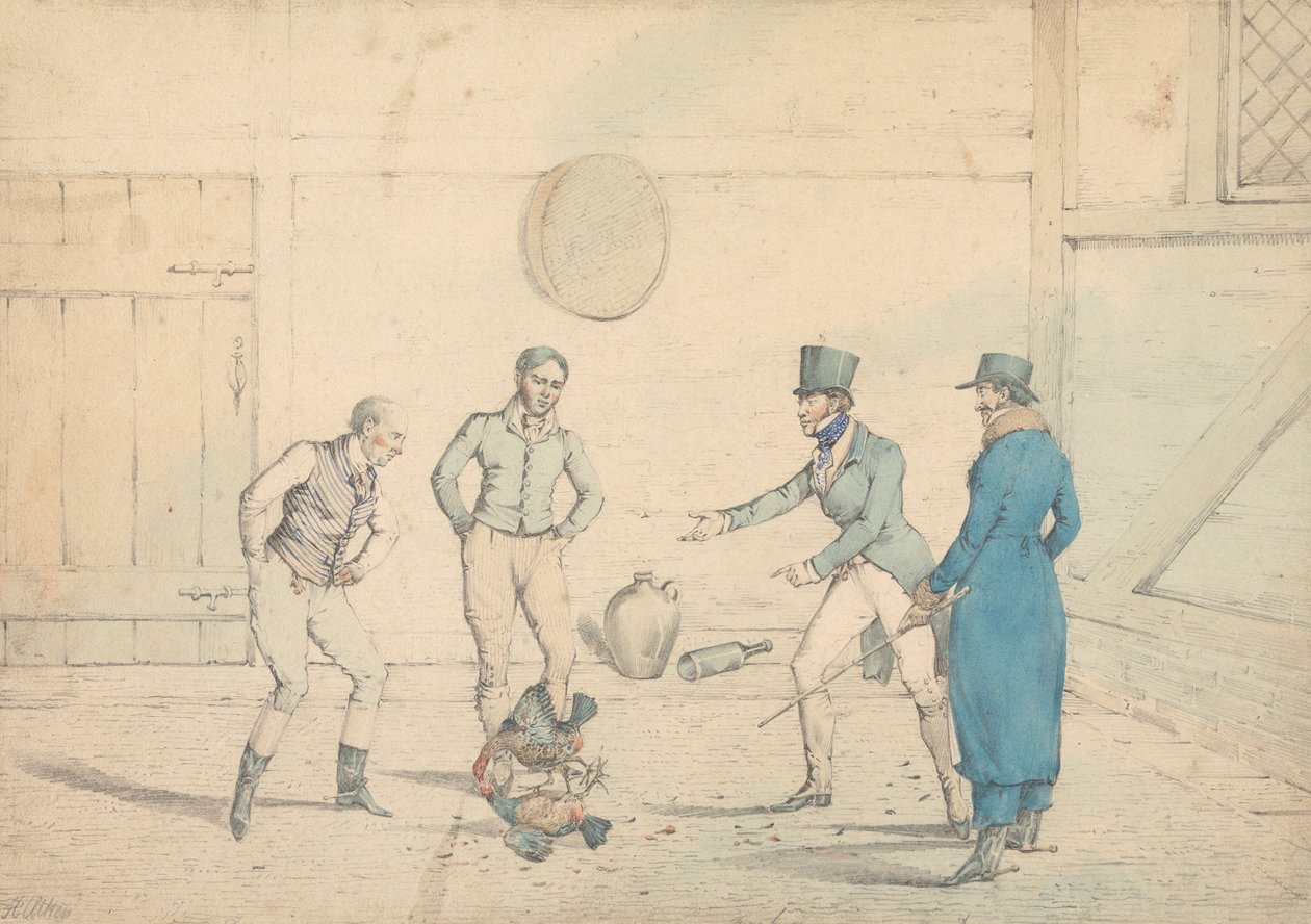 Een hanengevecht, gadegeslagen door vier mannen in een bijgebouw: Het gevecht, gegraveerd als plaat 39 in "The National Sports of Great Britain" door Henry Thomas Alken