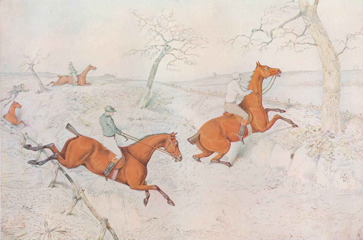 Een steeplechase: Het oversteken van een diepe kloof gevaarlijk om te passeren, 1827 door Henry Thomas Alken