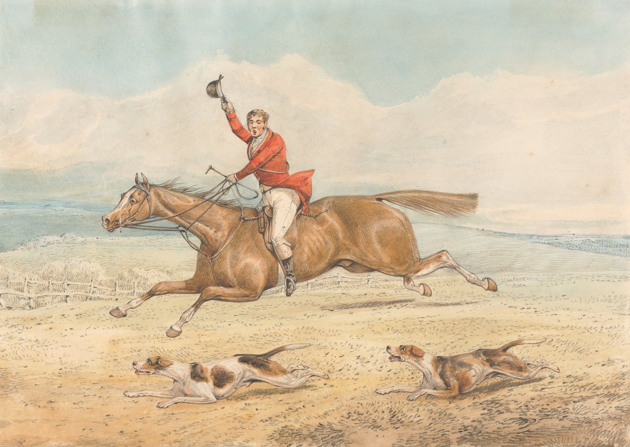 Een whipper-in en een paar jachthonden die voluit rennen in het open landschap door Henry Thomas Alken