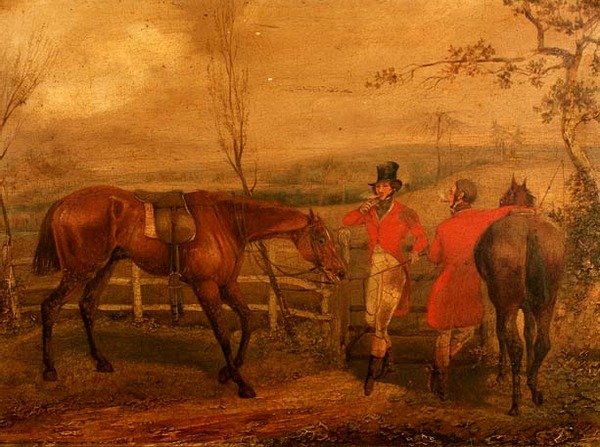 Jagers roken bij een hek door Henry Thomas Alken