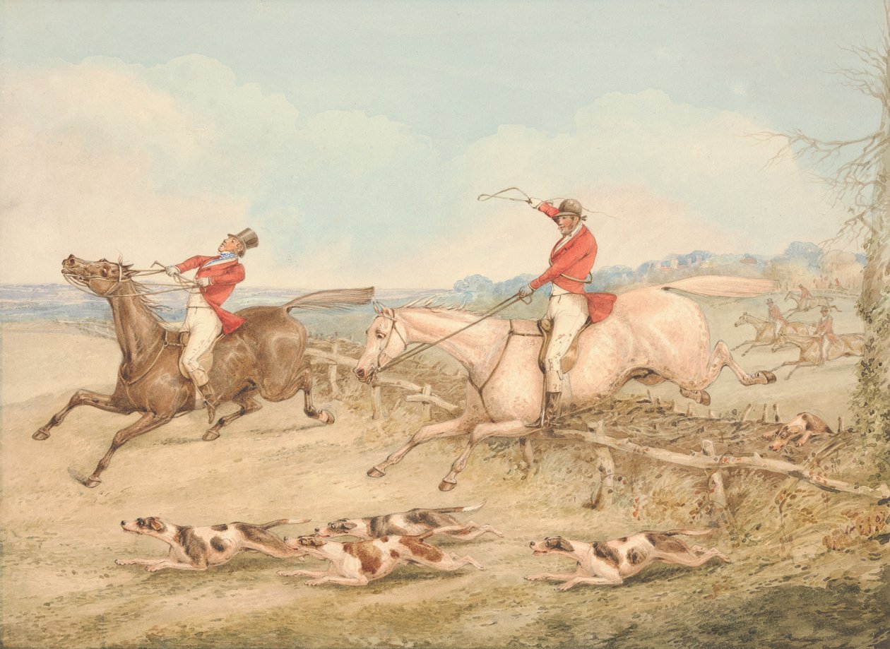 Een dubbele oxer springen – Een ruiter in moeilijkheden door Henry Thomas Alken