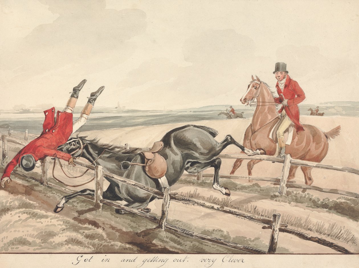 ‘Gekwalificeerde paarden en ongekwalificeerde ruiters: “Erin gekomen en eruit gekomen. Zeer knap”’ door Henry Thomas Alken