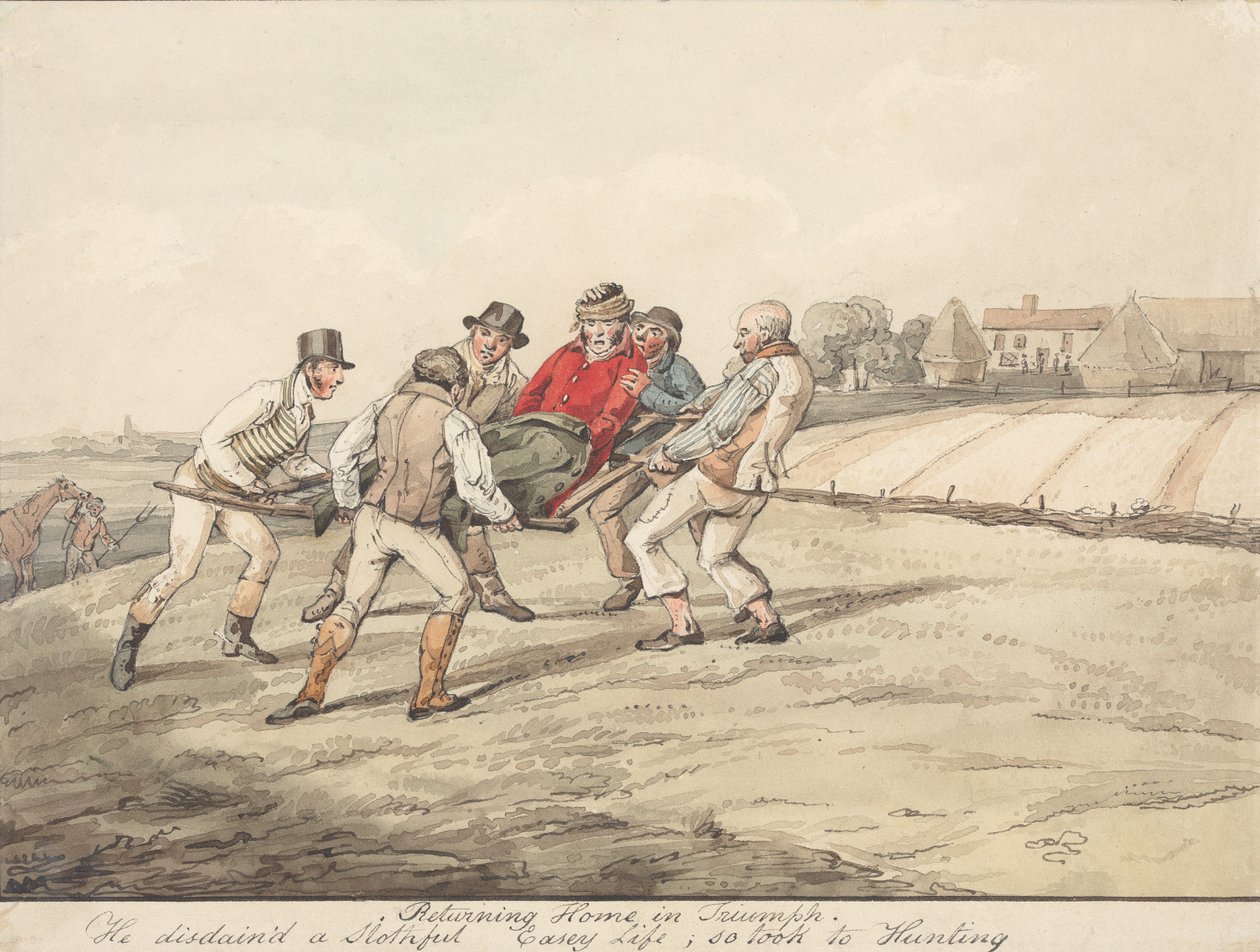 „Gekwalificeerde paarden en ongekwalificeerde ruiters: triomfantelijke terugkeer naar huis. Hij versmaadde een lui en gemakkelijk leven en ging daarom jagen“ door Henry Thomas Alken