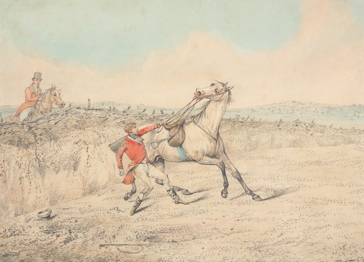 Ruiter die zich na een val aan een grijs paard vasthoudt door Henry Thomas Alken