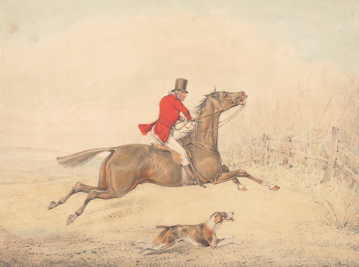 Ruiter op een bruin paard op het punt een hek naar rechts te springen door Henry Thomas Alken
