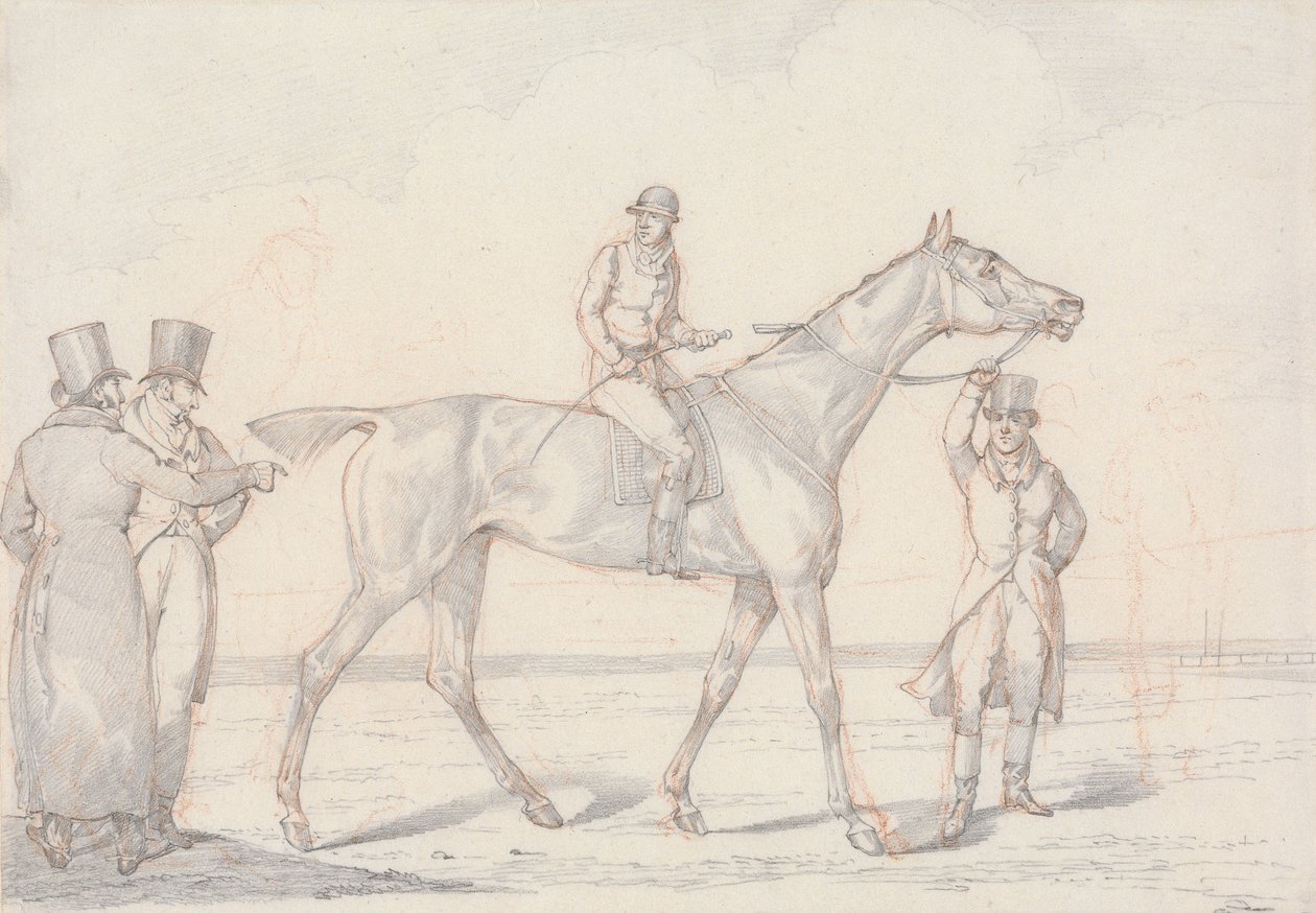 ‘Scraps’, nr. 15: renpaard met jockey in het zadel, twee mannen bespreken het paard door Henry Thomas Alken