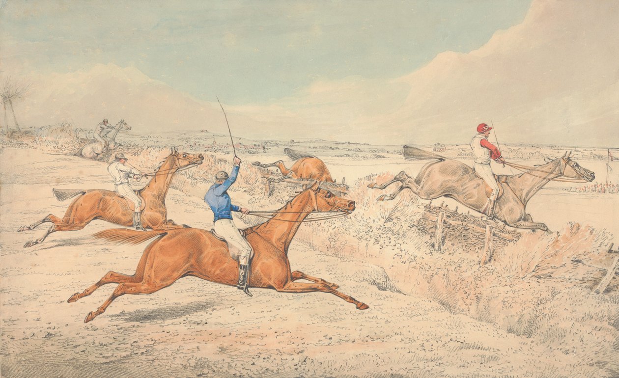 Steeplechase: vier ruiters nemen een greppel en een oxer door Henry Thomas Alken