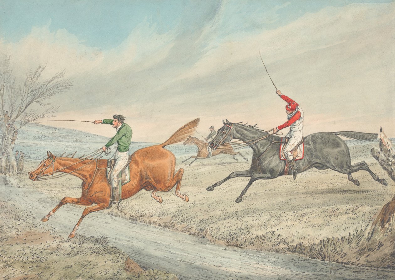 Steeplechase: drie ruiters nemen een beekje door Henry Thomas Alken