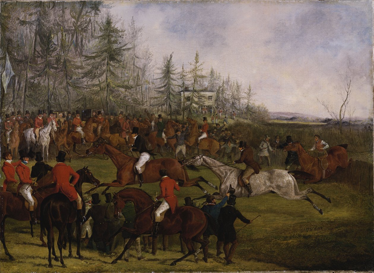 De Grote Leicestershire Steeplechase, 12 maart 1829: De Finish en Billesdon Coplow door Henry Thomas Alken