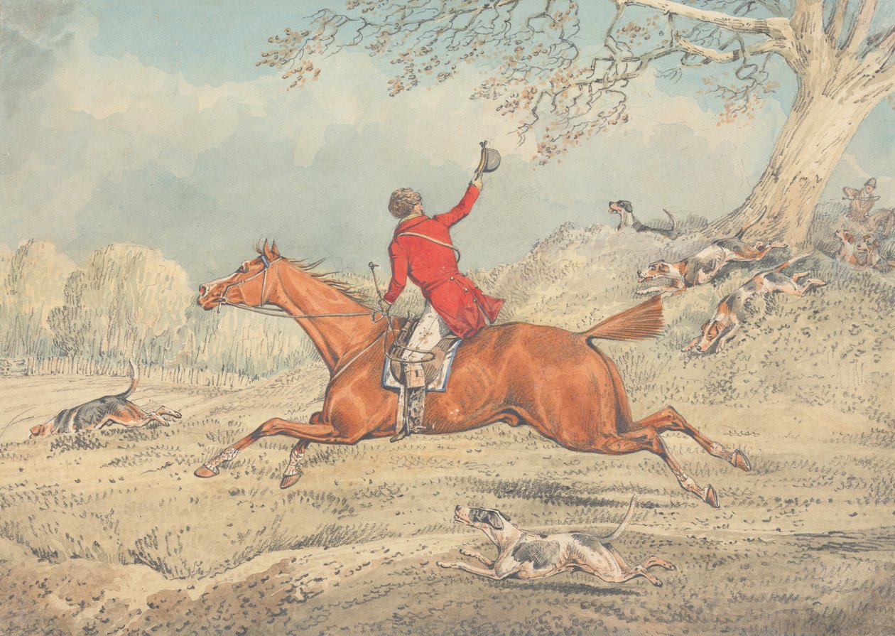 De jager, die naar links galoppeert en de honden aanmoedigt door Henry Thomas Alken