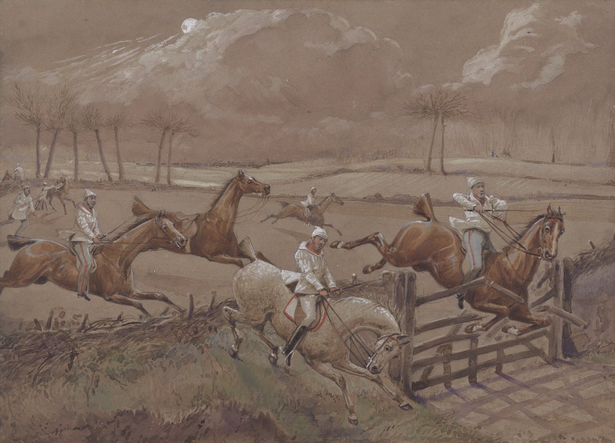 Het laatste veld bij Nacton Heath, plaat 3, uit The First Steeple Chase on Record, gegraveerd door J. Harris, gedrukt door Ackermann, Londen in 1839 door Henry Thomas Alken