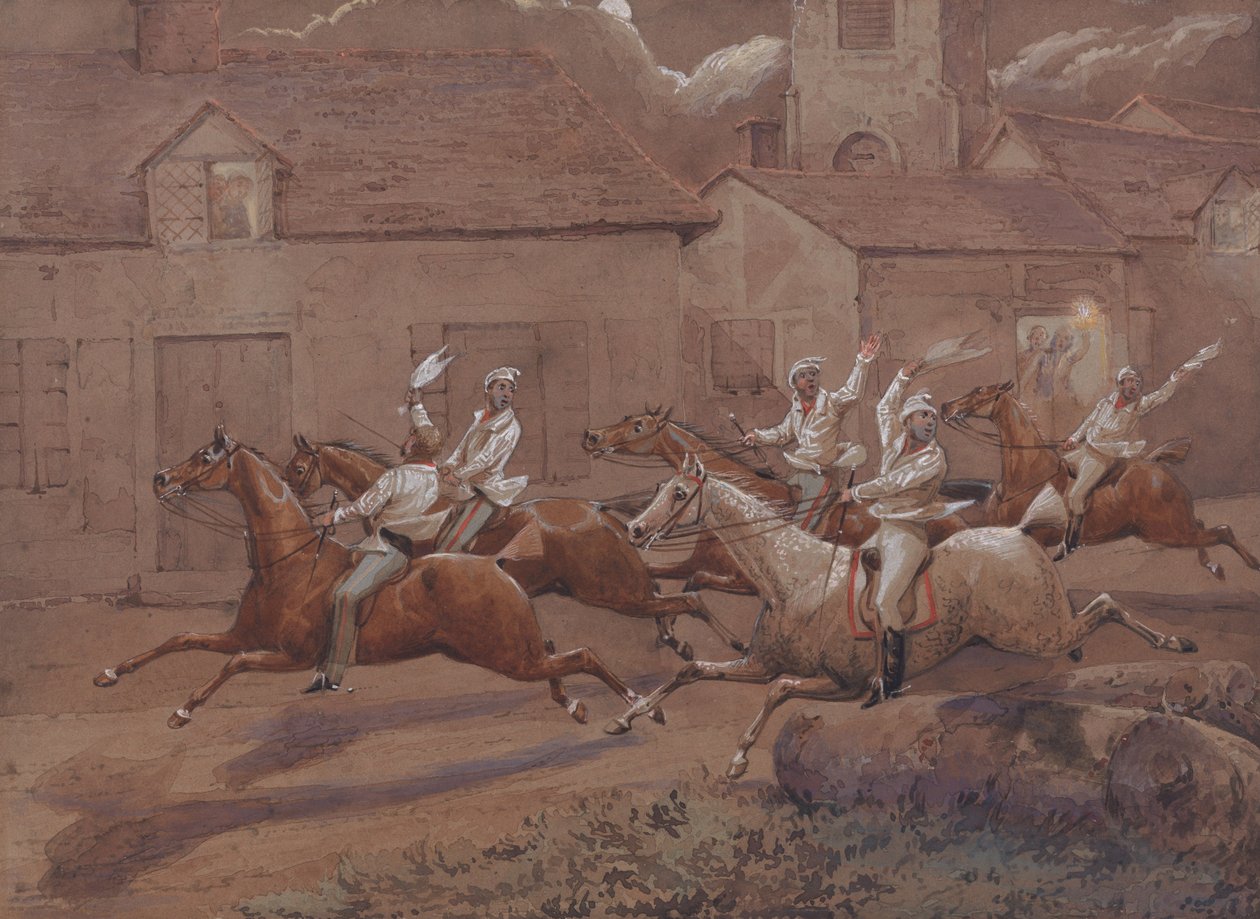 De nachtruiters van Nacton: De finish. Kerk en dorp van Nacton door Henry Thomas Alken