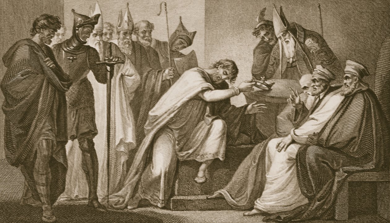 Edward II doet afstand van zijn kroon, gegraveerd door Schiavonelli, illustratie uit David Hume