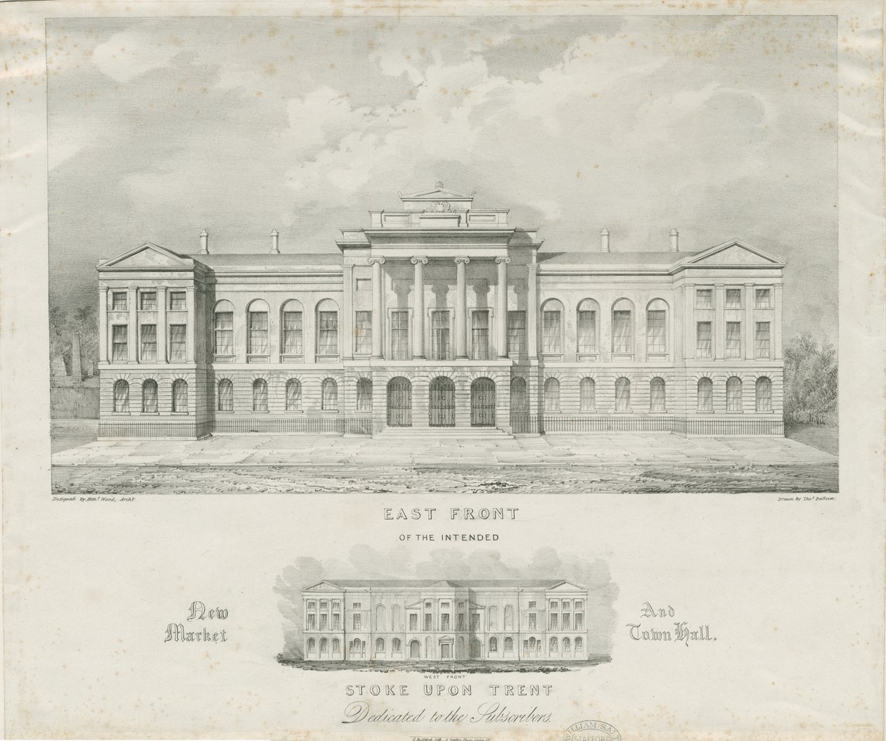 Stoke-upon-Trent - Voorgenomen Nieuwe Markt en Stadhuis: Lithografie, nd [c 1834] door Henry Ward