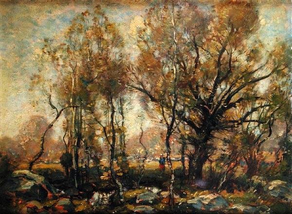 Figuur in een bebost landschap door Henry Ward Ranger