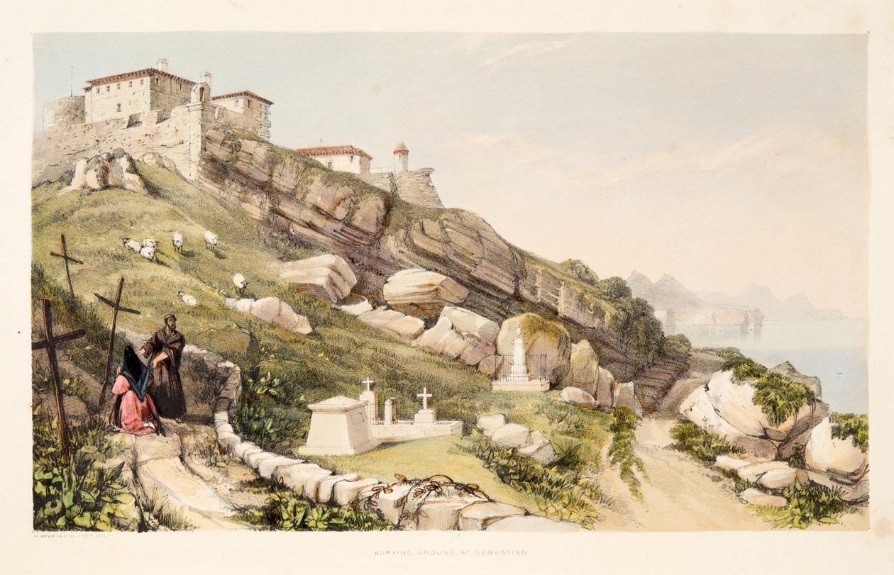 Begraafplaats van Britse officieren op de kasteelheuvel van San Sebastian, uit Schetsen van landschap in de Baskische provincies van Spanje, met een selectie van nationale muziek, uitgegeven 1838 door Henry Wilkinson