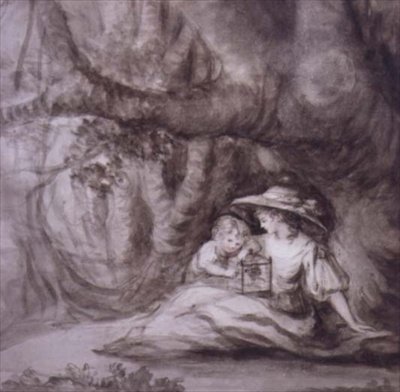 Zittende Vrouw en Kind met een Kooi Vogel door Henry William Bunbury