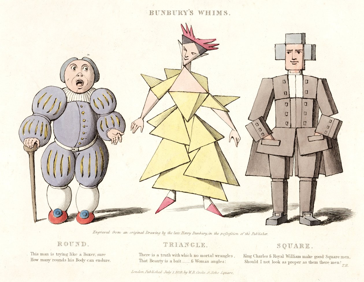 Rond, Driehoek en Vierkant, uit Bunburys Whims, 1828 door Henry William after Bunbury