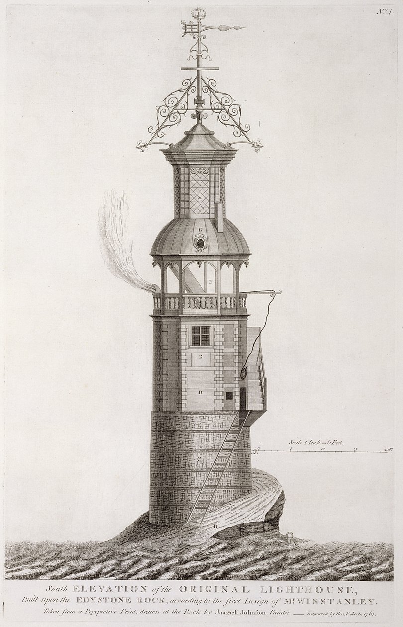 Edystone Vuurtoren gegraveerd door Henry Roberts, 1761 door Henry Winstanley