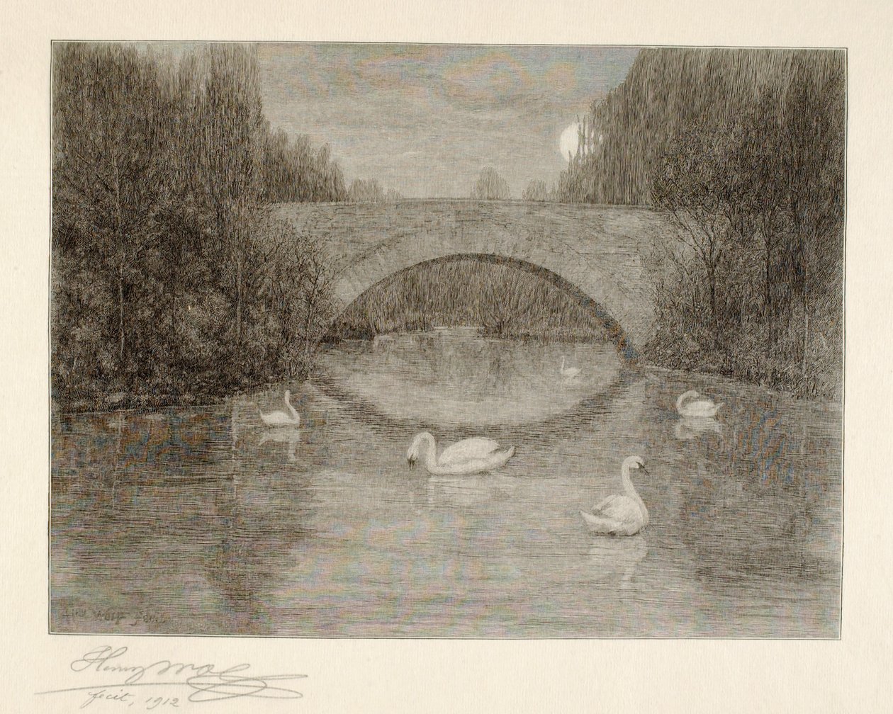 Avond, Zwanenmeer, Central Park, New York door Henry Wolf