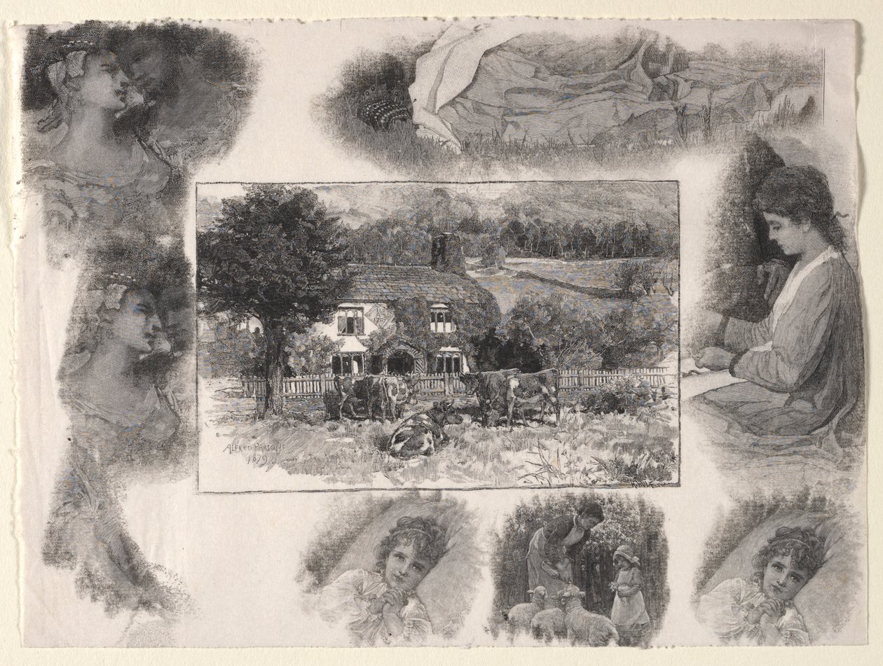 Landschap met huisje en koeien omringd door diverse schetsen door Henry Wolf
