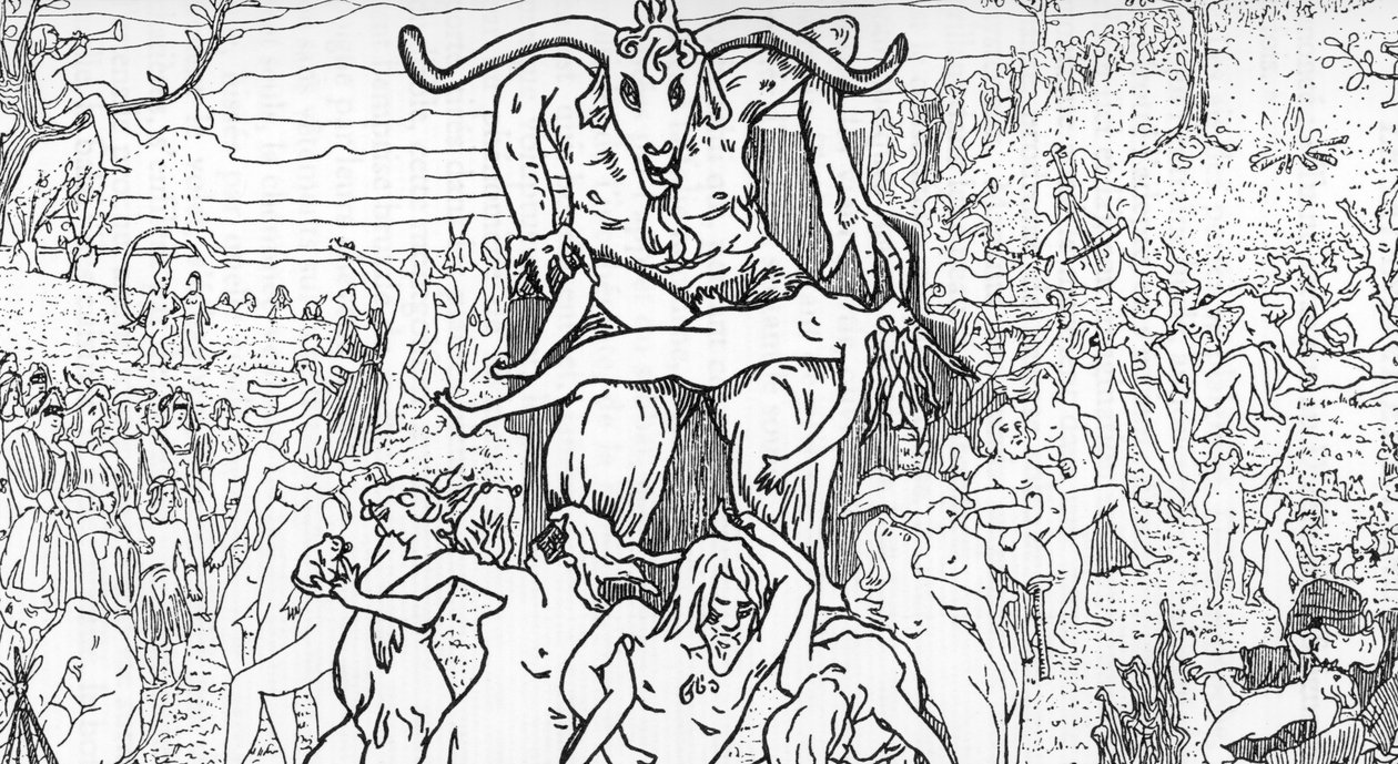Voorstelling van een sabbatbijeenkomst door heksen voorgezeten door satan Tekening door Henry de Malvost uit 