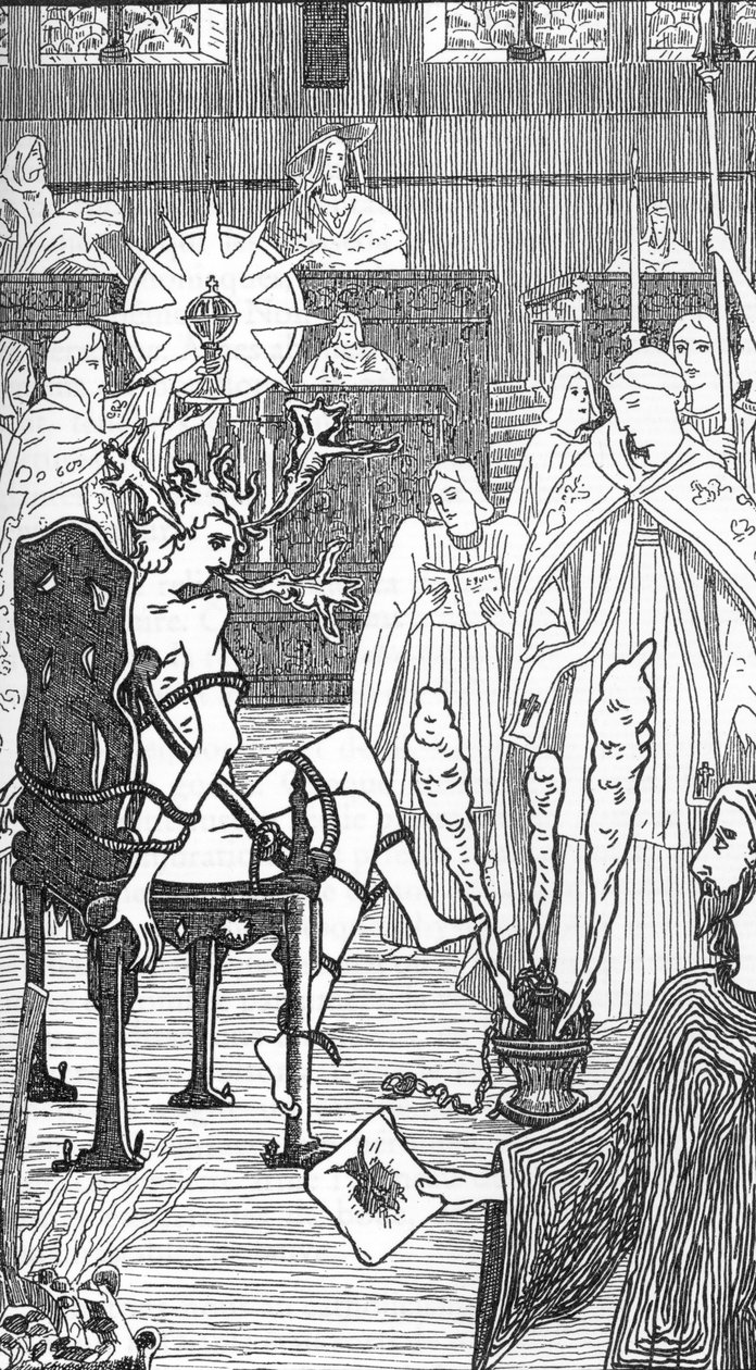 Weergave van een exorcisme ceremonie, tekening door Henry de Malvost uit 