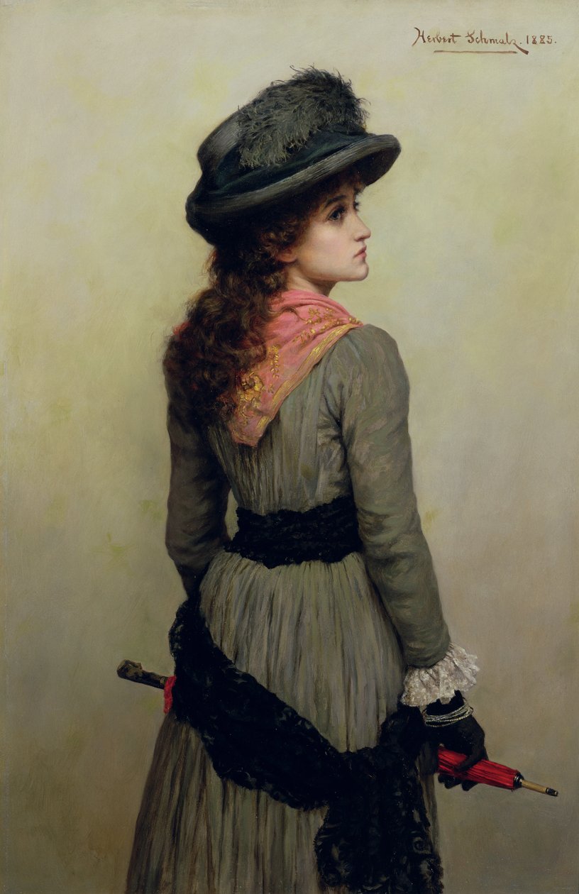Denise - portret van een jong meisje met een rode paraplu door Herbert Gustave Schmalz