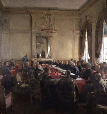 Een Bijeenkomst van de Intergeallieerde Hogere Raad in het Trianon Paleis, Versailles juli 1918 door Herbert Arnould Olivier